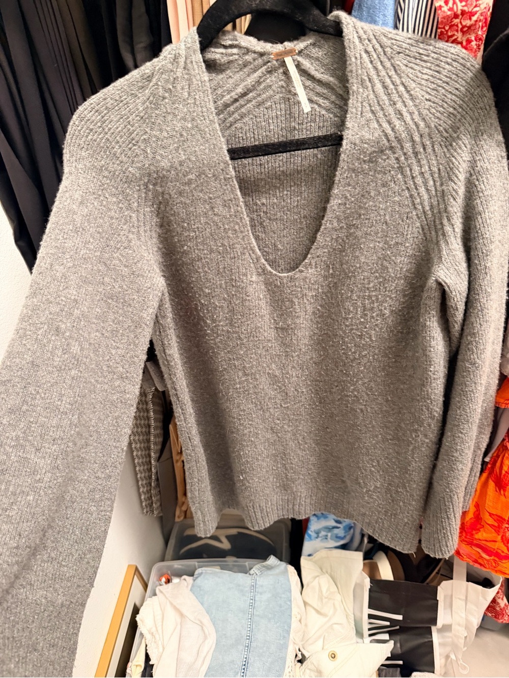Free People Gray Deep V-Neck over sized Ribbed Knit Sweater with wide sleeves